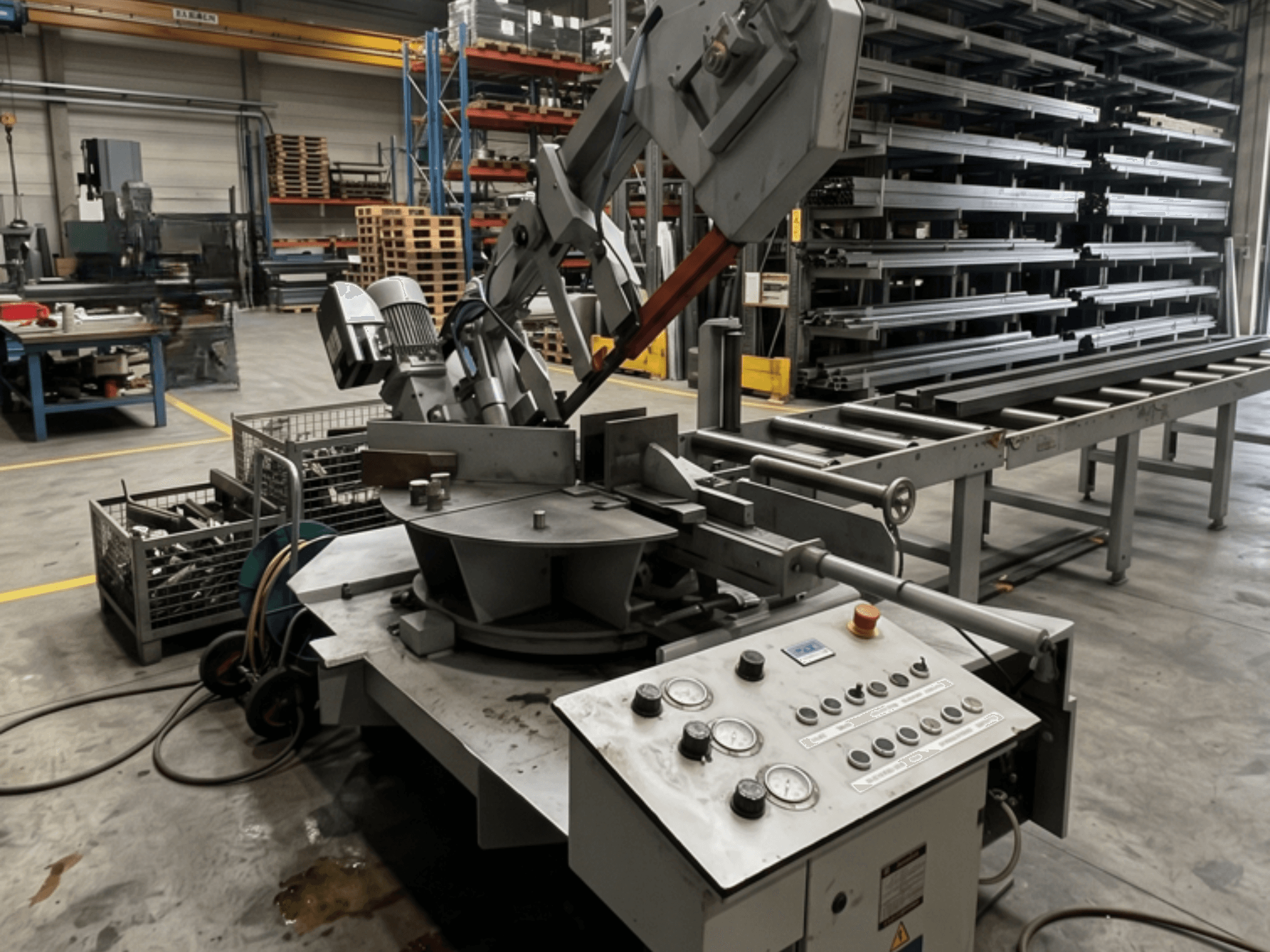 Töökojas asuv metalllintsaag MEBA MEBASwing 320 DG, vaade küljelt, kus on näha juhtpaneel ja lõiketerad.