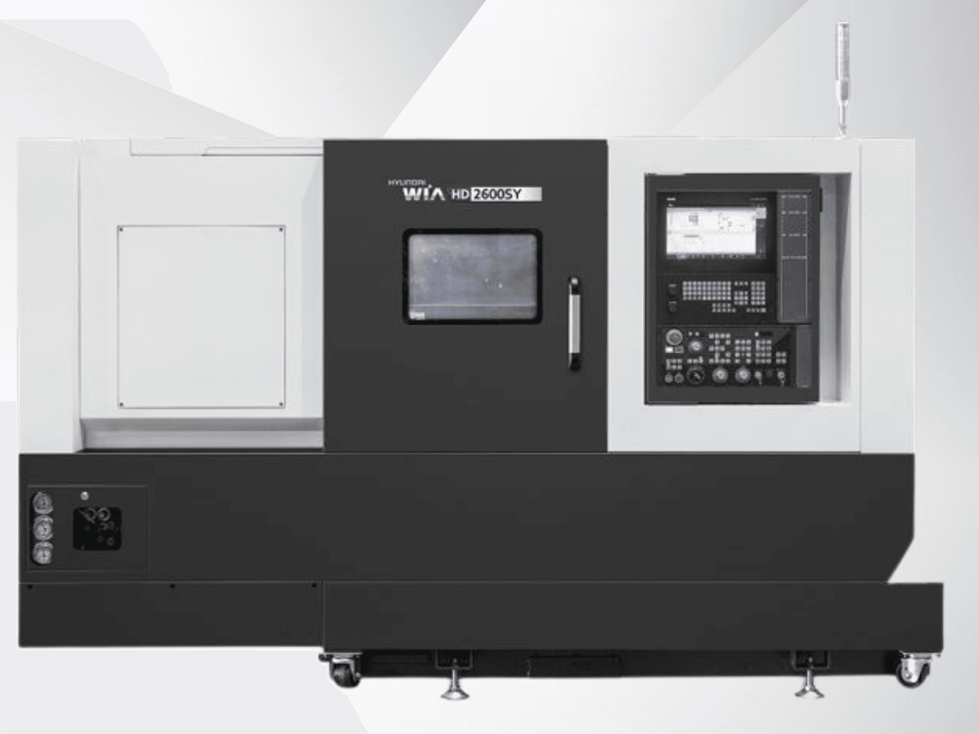 Hyundai WIA HD 2600SY CNC-teeninduspingi esivaade; sisaldab digitaalset juhtpaneeli ja tööriistade hoiuruumi, tutvustab tehnilisi omadusi.