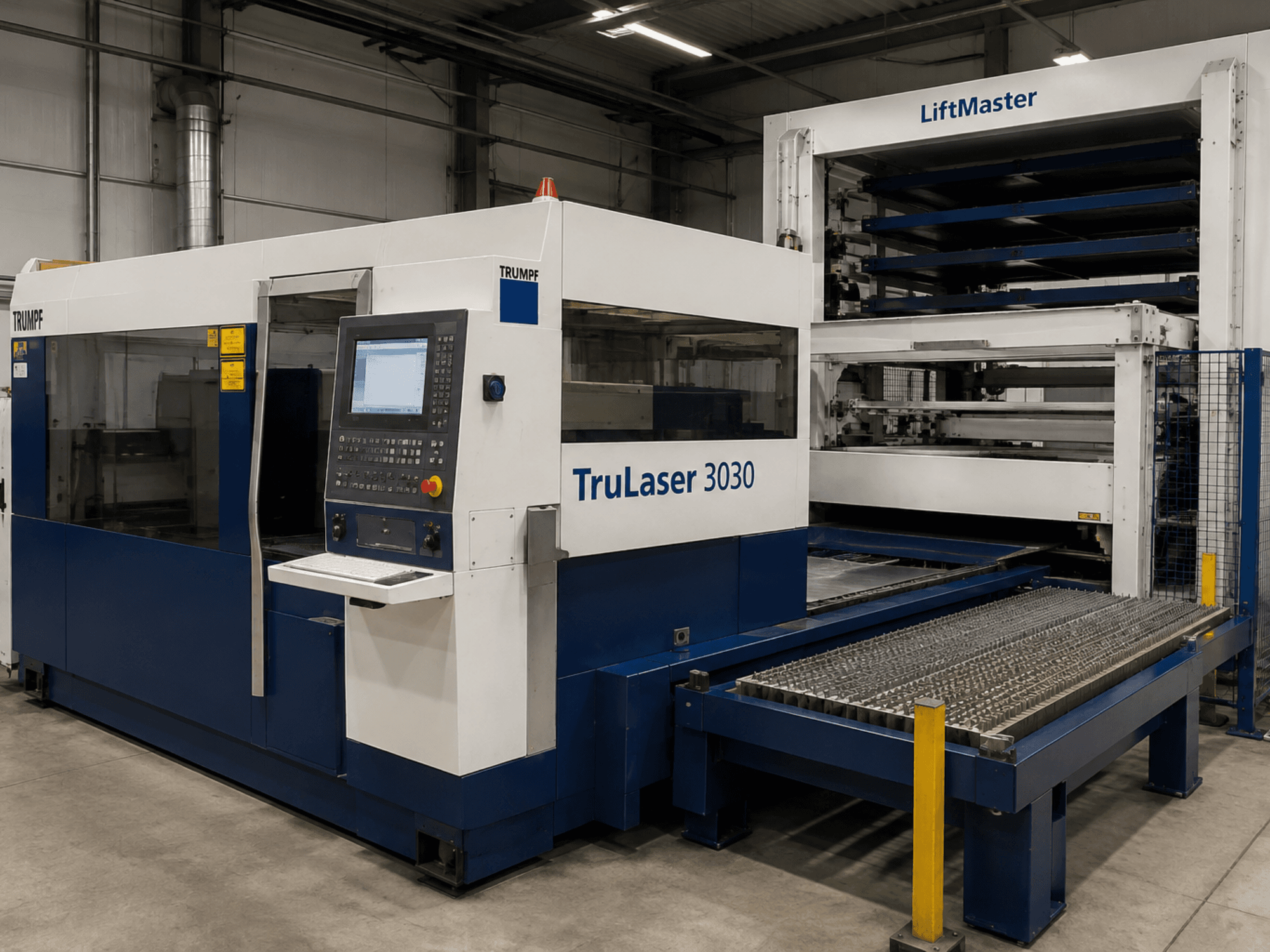 TRUMPF TruLaser 3030 CO₂-laserlõikepink koos LiftMasteriga, millel on juhtpaneel ja lehtmetallist laud, vaadatuna eestpoolt.