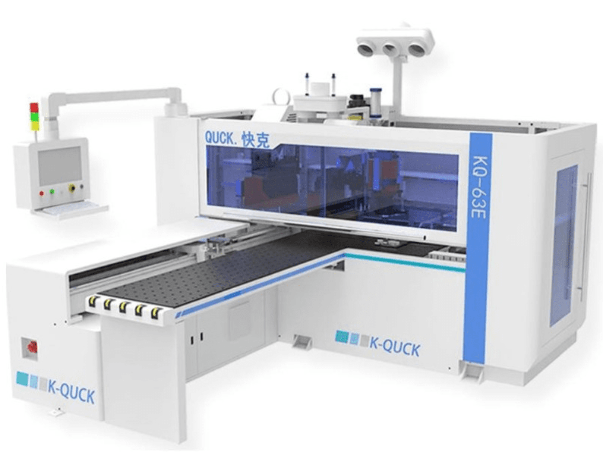 K-QUICK KQ-63E masin, esiplaanil, juhtpaneel, läbipaistev korpus ja mitme rulliga lame konveier.
