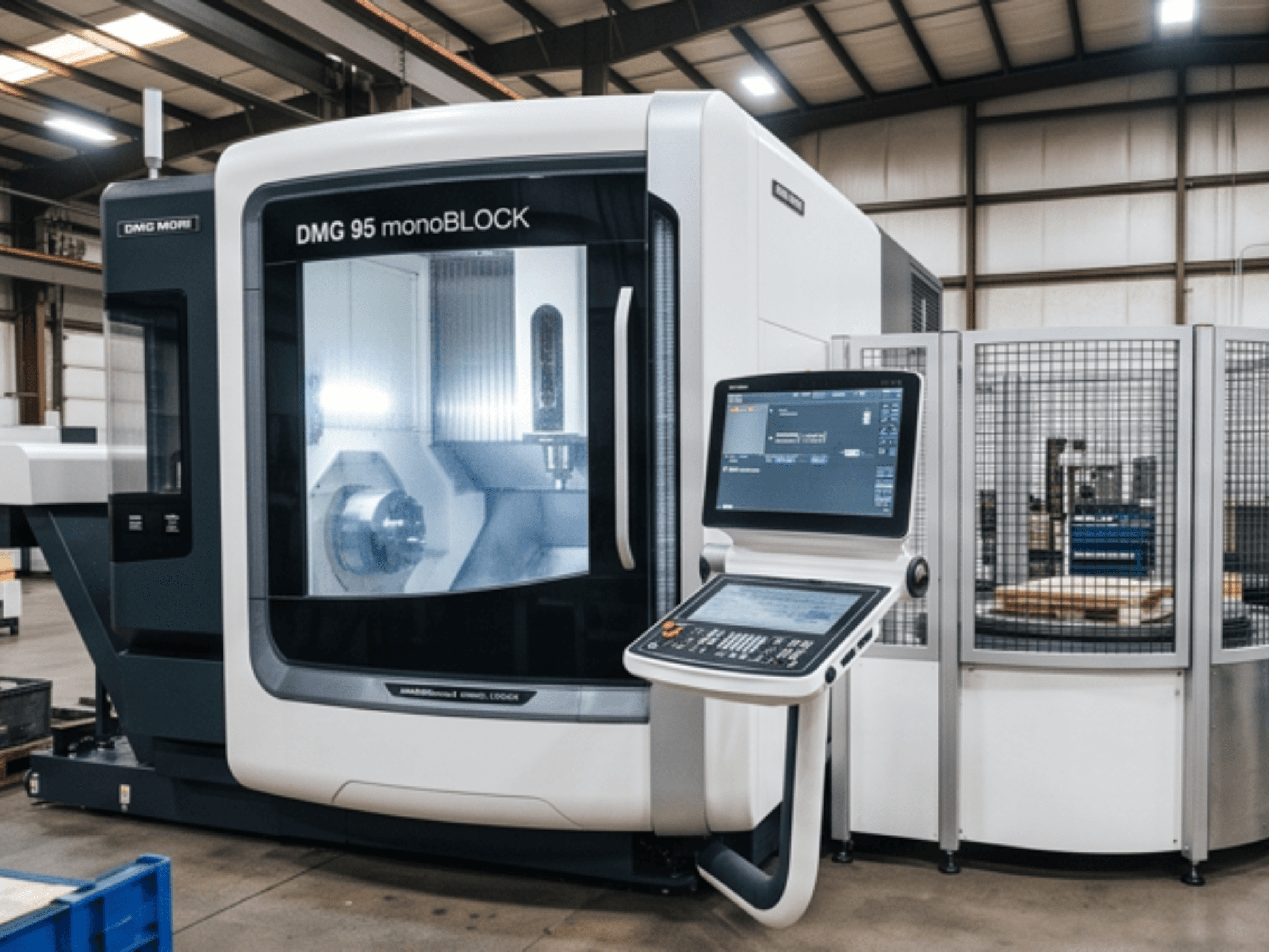 DMG MORI DMC 95 monoBLOCK vertikaalne töötlemiskeskus, vaade eest, koos juhtpaneeli ja ohutuskestaga.