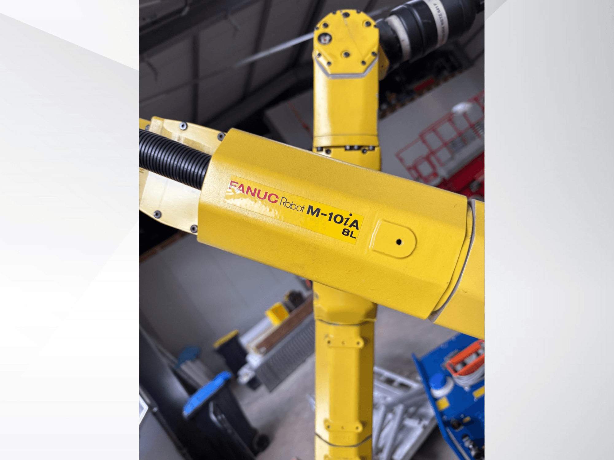FANUC robot M-10iA 8L kollases värvuses, küljelt vaadatuna, näidates käeliigeseid ja mehaanilisi komponente tööstuslikus keskkonnas.