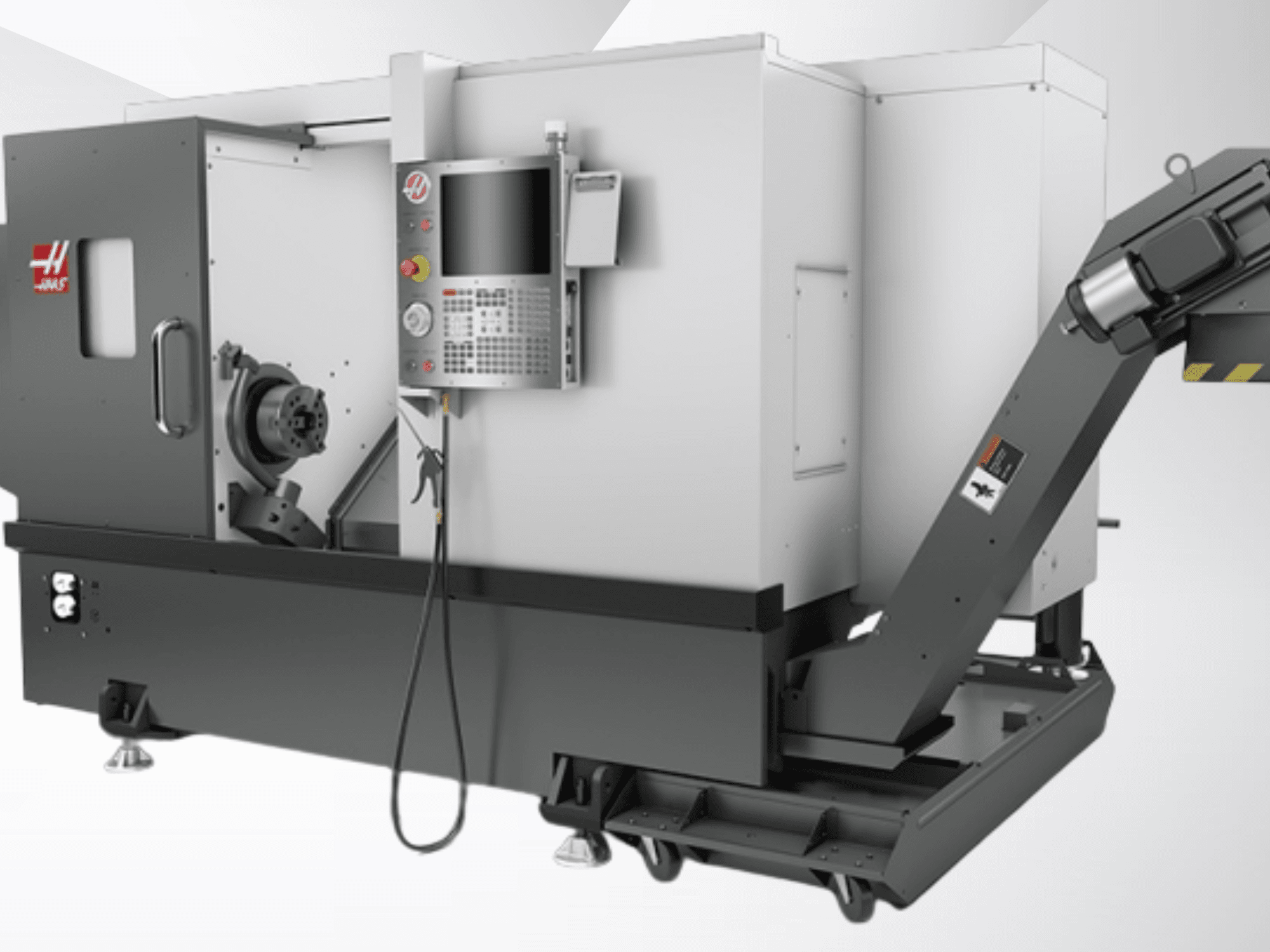 Haas ST-20 horisontaalne treipink; esivaade, millel on näha juhtpaneel, spindel ja laastutransporderi konstruktsioon.