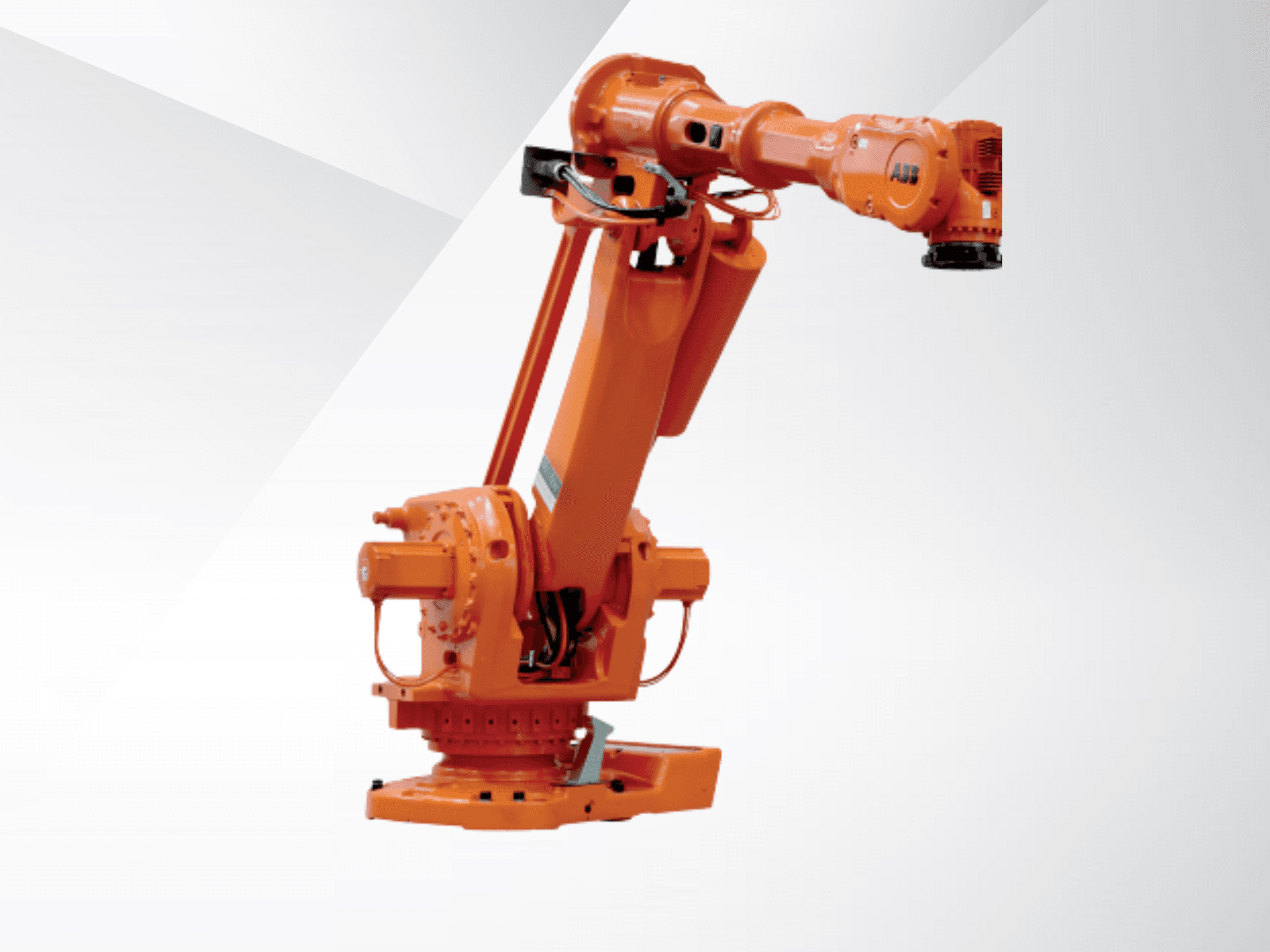 ABB IRB 6650S-90/3.9 robotkäsi oranžis värvis, külgvaade, millel on näha liigendid ja alus tööstusautomaatika jaoks.