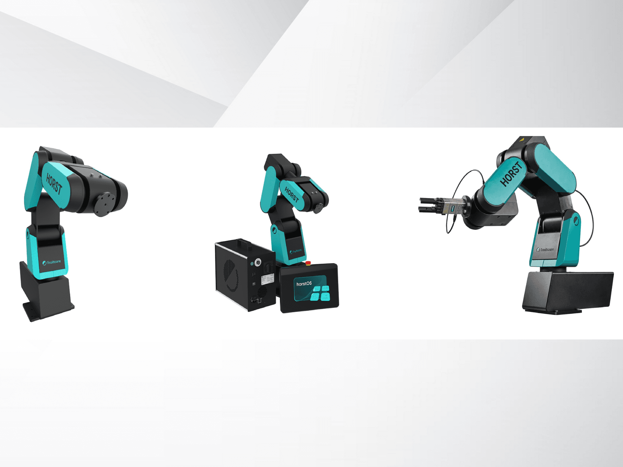 Fruitcore'i robotkäe Horst kolm vaadet, mis rõhutavad selle musta ja sinimustvalge disaini, juhtpaneeli ja haaratsite kinnitust.