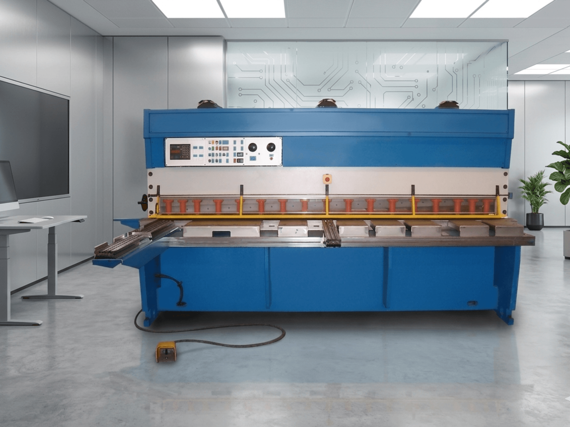 GASPARINI CO 3006 hüdrauliline lõikepink, esiplaanil, juhtpaneel ja metallilõikepind kaasaegses tööruumis.