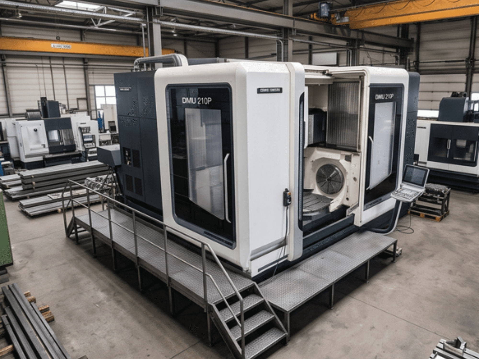 DMG MORI DMU 210P universaalne töötlemiskeskus töökodas, külgvaade, millel on näha juhtpaneel ja juurdepääsuplatvorm.
